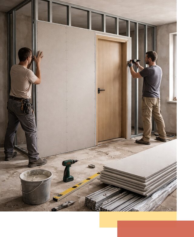 Перегородка из гипсокартона с дверью под ключ в Зеленокумске