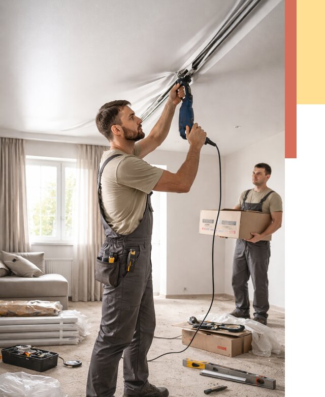 Монтаж сатинового натяжного потолка в Зеленокумске от 3564 руб. | Быстро, недорого — ОТДЕЛОЧНИК-Злм