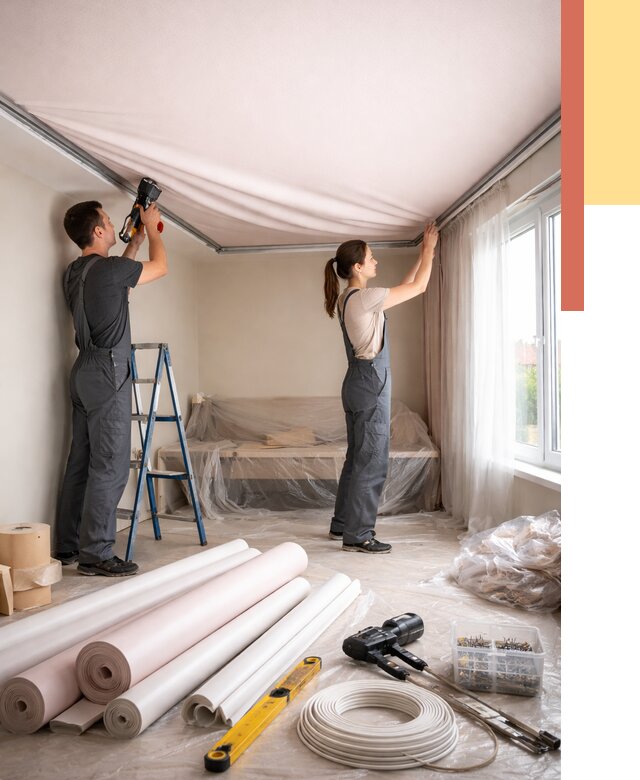 Монтаж цветного натяжного потолка в Зеленокумске от 4276 руб/м² — быстро и недорого | ОТДЕЛОЧНИК-Злм