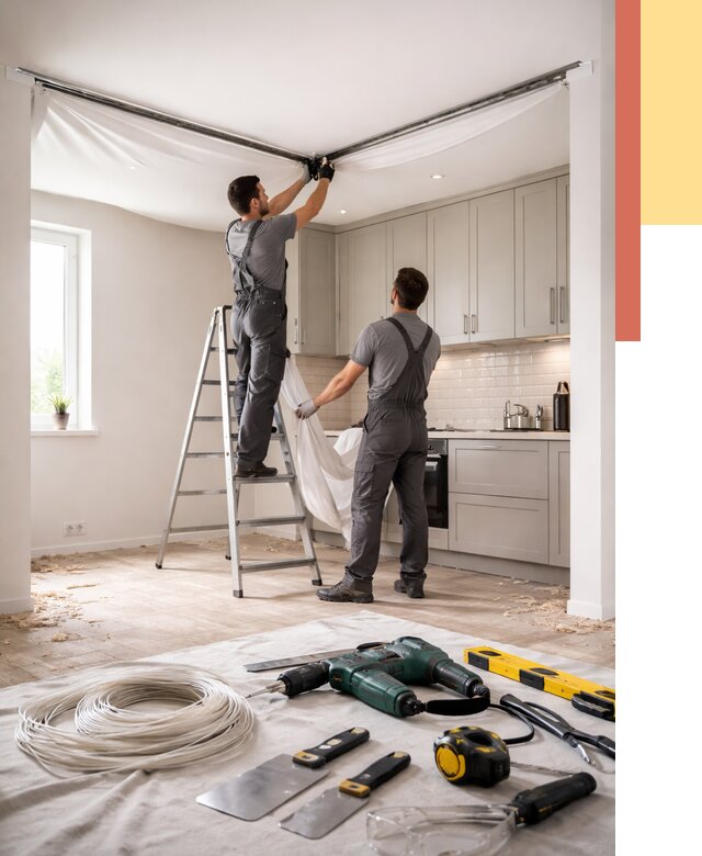 Установка натяжного потолка на кухне в Зеленокумске от 2444 руб. | ОТДЕЛОЧНИК-Злм